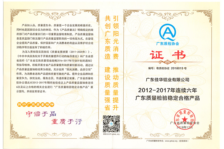 Félicitation! JIA HUA REMPORTE L'HONNEUR DE «Produits de qualité stables»