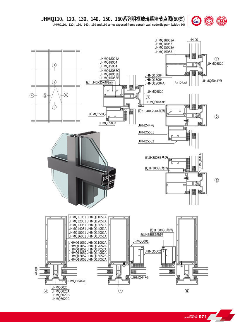 JHMQ110 / 120/130/140/150/160 de la s&eacute;rie 60 largeur visible curatin mur