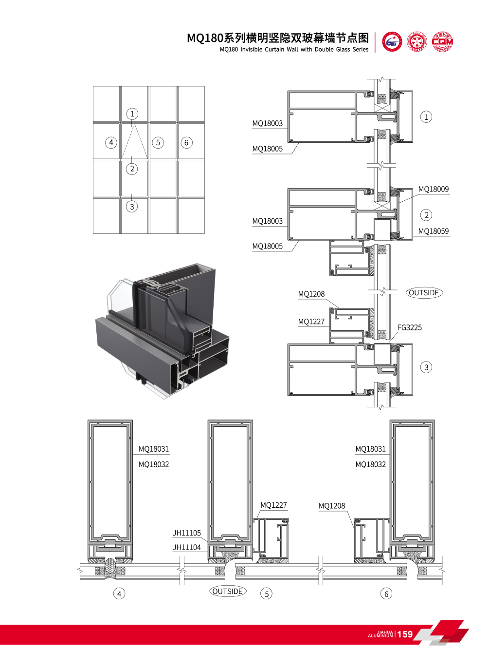 MQ 180 S&eacute;rie Visible Transversal et Vertical Concealed en verre de mur rideau
