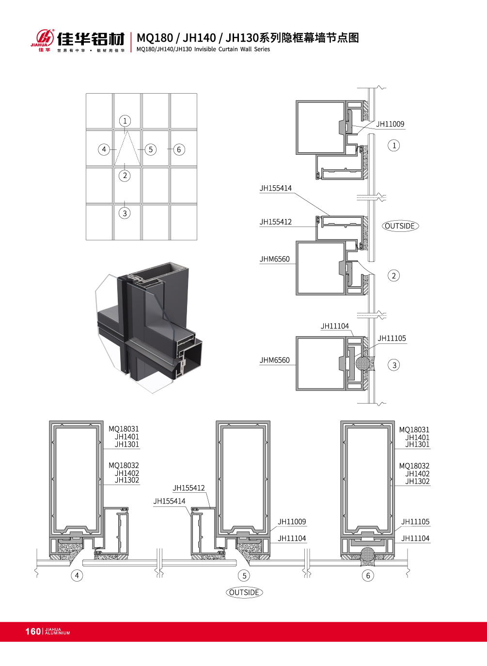 MQ 180 S&eacute;rie Visible Transversal et Vertical Concealed en verre de mur rideau