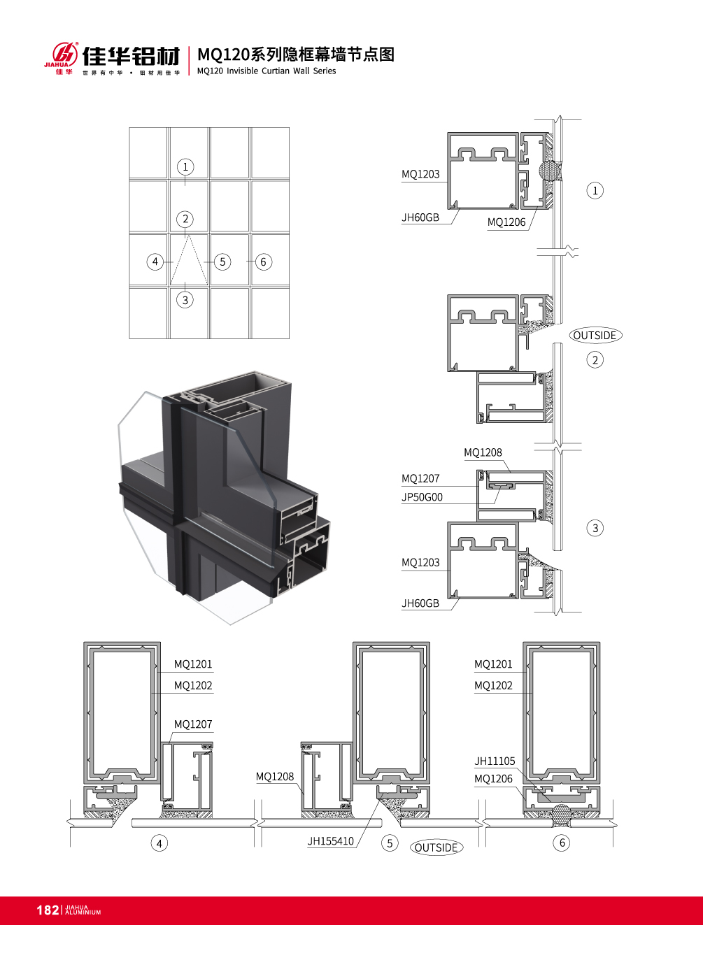 MQ120 s&eacute;rie aluminium Mur-rideau invisible pour verre Fa&ccedil;ade